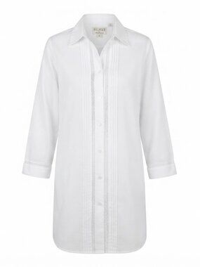 LINEN COTTON Hillard & Hanson White Long-Sleeve Tunic Shirt Pin-Tuck Lace Placke